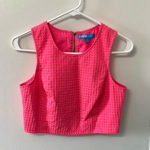 Neon pink Nanette Lepore crop top with small all over orange hearts with zipper